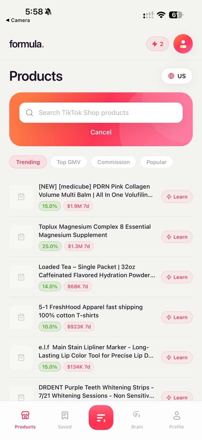 Formula TikTok Shop products screen