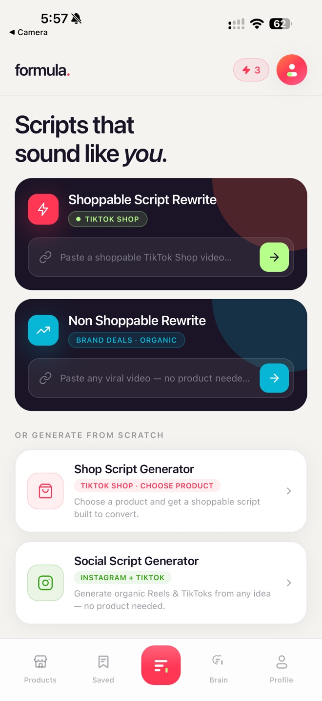 Formula home screen — scripts that sound like you